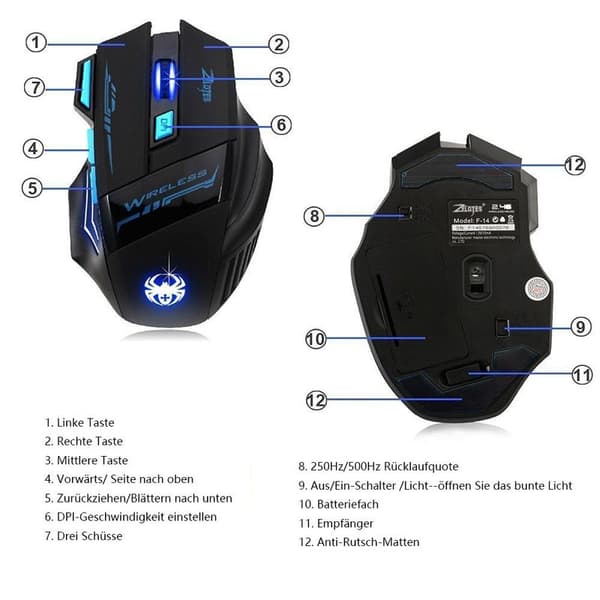 Zelotes trådløs mus, 2,4 GHz ergonomisk pc-mus trådløs, 7