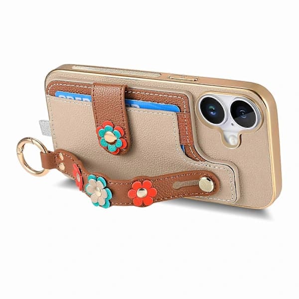 Telefoncover til iPhone 16 Plus, med SIM-kortplads, læderbagside og 3D-blomsterarmbånd - Khaki.