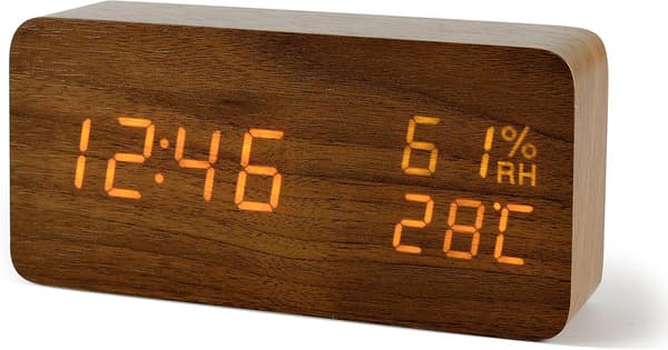 LED Digital Vækkeur Luftfugtighed Dato Temperatur Trælook Indretning