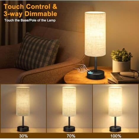 Dimmable Touch Bedside Lamp, Table Lamp with USB A+C+ Charging Port, Linen Shade, Lamp for Bedside Table, Living Room, Bedroom,