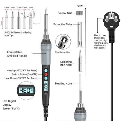 90W Precision Soldering Kit with ON/OFF Switch, Adjustable Temperature 200-480℃, 5 Soldering Tips, Solder Wire, Soldering Iron