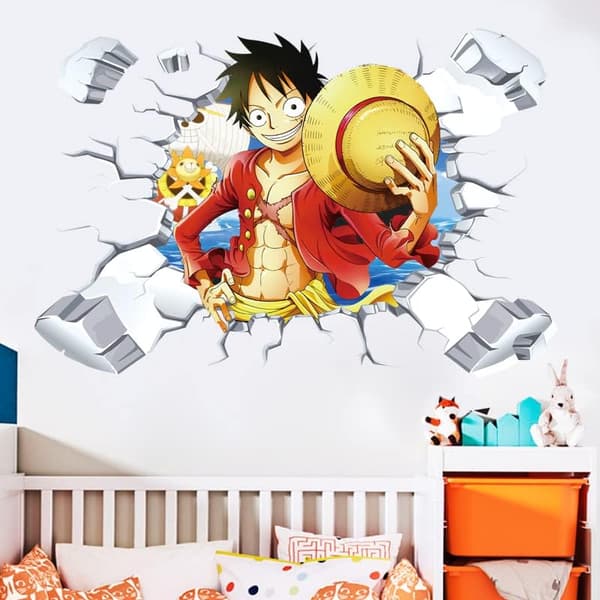 Tecknad väggdekal för barnrum, heminredning, One Piece 3D-vy väggmålning, barnväggdekal, anime-affisch 60*90cm