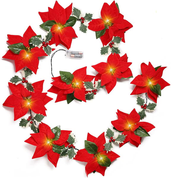 9.8ft Red Christmas Garland with String Lights, Artificial Velvet Flowers