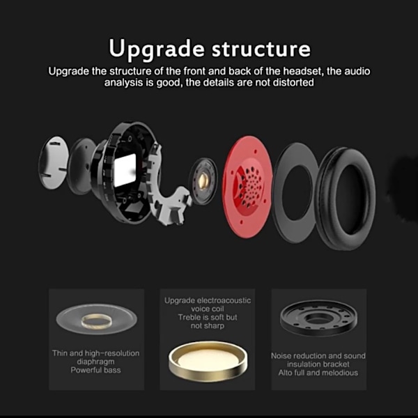 Trådløse Bluetooth-hodetelefoner - Fargerike lys/Sammenleggbare/Stor batterikapasitet/Innebygd mikrofon - Bluetooth 5.0/13 m rekkevidde/(svart-rød1) Black