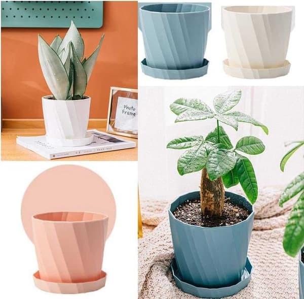 Sæt med PP-blomsterpotter med underskåle (3 dele) – Hvid + Rosa + Blå, Kantdiameter: 13,8 cm
