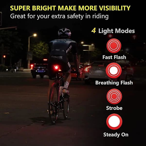 Smart sykkelbaklys med automatisk bremsedeteksjon, ultrasterkt LED-baklys for nattsykling, vanntett