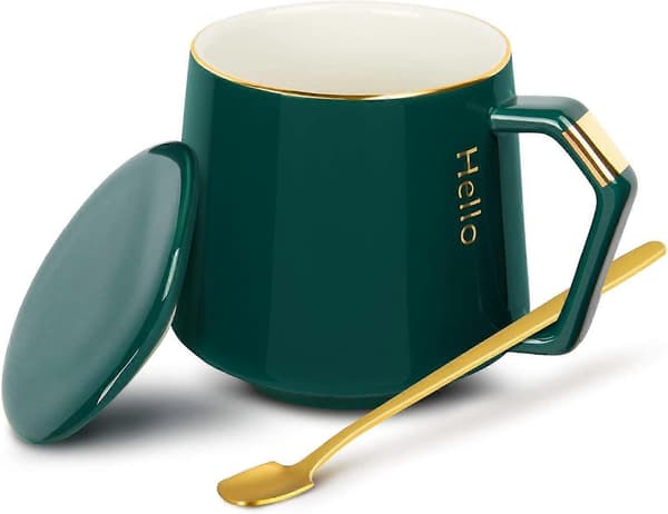 Keramisk Mugg Kaffemugg med Lock Kaffekopp + Rostfri Sked, 380ml Temugg (Grön)