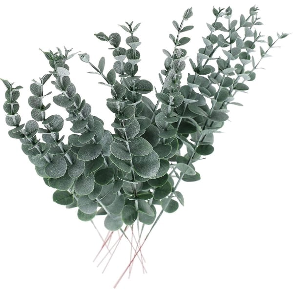 10 stk. kunstige eukalyptusgrene, eukalyptusblade af plast, 38 cm i grå