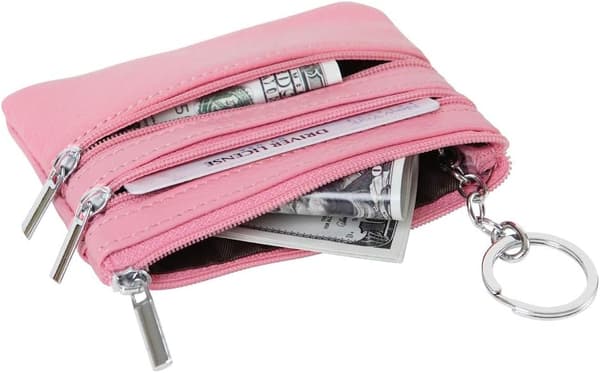 Myntväska i äkta läder för kvinnor, miniplånbok med nyckelring, rosa
