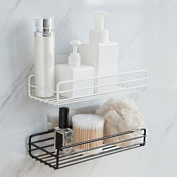 Wall-mounted spice storage shelf - White metal wire basket with self-adhesive hook for bathroom and kitchen, space-saving