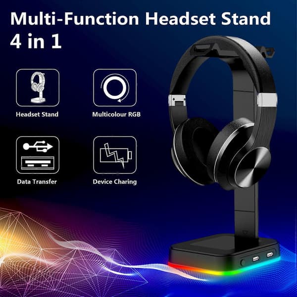 RGB Headsetstativ Gamer Headsetholder til PC Gamer, Headsetstativ med 2 USB-porte, Gamingheadset, Sort