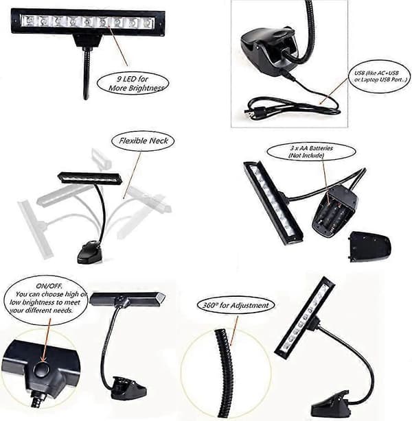 Læselampe Bogklemme Klemmelampe Boglampe 9led Usb Boglamper Klaver
