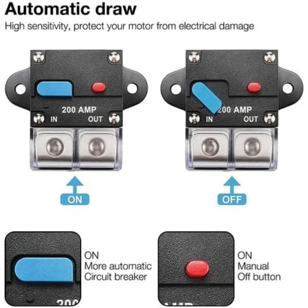 TS-Auto Circuit Breaker Car Protection 200A, Resettable Automatic Fuse 12-48V DC Waterproof Automatic Fuse with Reset Switch