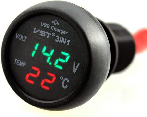 Bilvoltmeter, 3 i 1 USB 5V 2A Hurtiglading, Digital bilvoltmeter, Termometeruttak, for 12-24V Bil Buss Lastebil Mobiltelefonlading