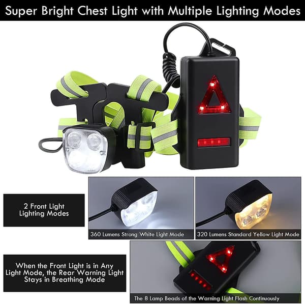 Running Light for Runners, 360 Lumen LED Rechargeable Chest Light with Safety Warning Light
