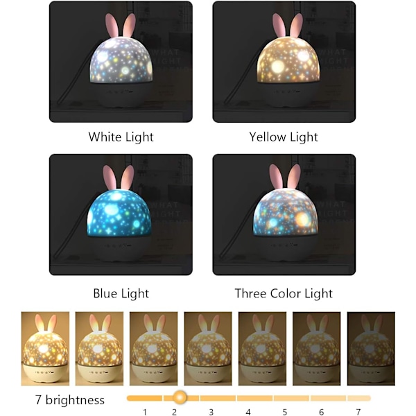 Stjerneklar himmelprojektor, babyprojektor, musiklampe med 360° roterende fjernbetjening rabbit
