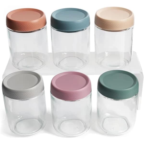 Upgraded Mason Jar Glass Jars, 6-Pack, 473 ml, with Stackable Airtight Lids, for Overnight Oats, Salads, Snacks, Pudding, Yogurt, Coffee and ...