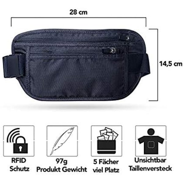 Sort 28 cm professionel flad taljetaske med RFID-beskyttelse til kvinder