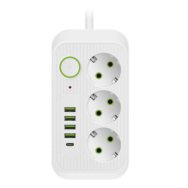Vit 2M EU-plugg Multi-Standard Skjøteledning med USB-C Hurtiglading[JUN]