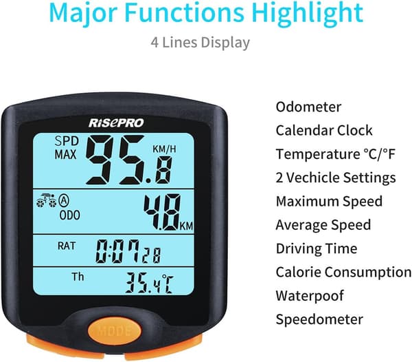 Wireless Bicycle Computer Speedometer Bike Odometer Cycling Multifunctional Waterproof 4-Line Display with Backlight