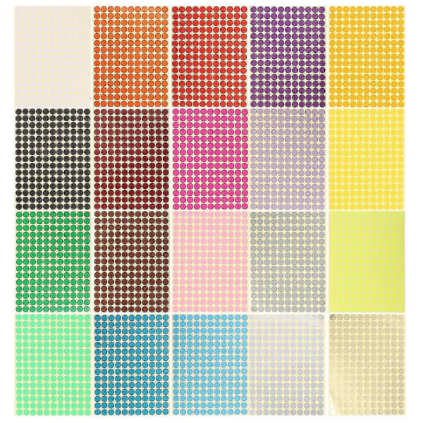 Farvede runde priketiketter til krukker og flasker, assorterede farver, 10 mm, 20 ark