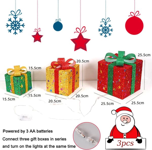 Christmas Lighted Gift Boxes, Set of 3 LED Gift Boxes, 8 Lighting Modes with 50 LEDs, IP44 Christmas Lighting Box, for Christmas Tree