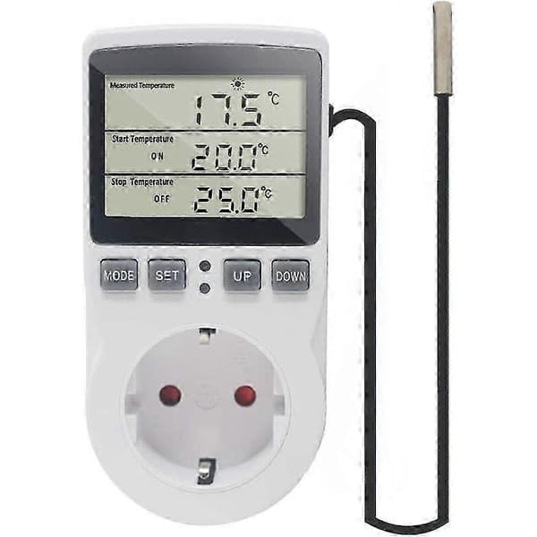 1 stk. 230 V temperaturkontrolstik med sensor, digital termostatstik med timer, termostatstik med timerfunktion til drivhuse, akvarier, H