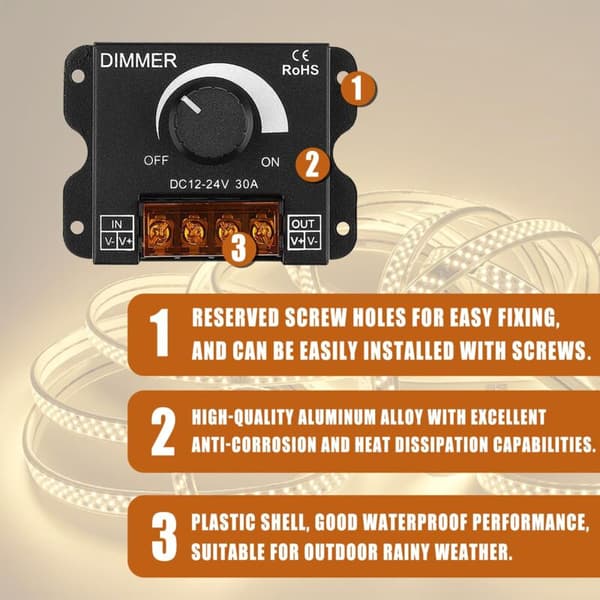 LED Rotary Dimmer Switch Dimningskontroller DC 12V-24V 30A PWM Dimmerratt för Justering av Ljusstyrka (2-pack)