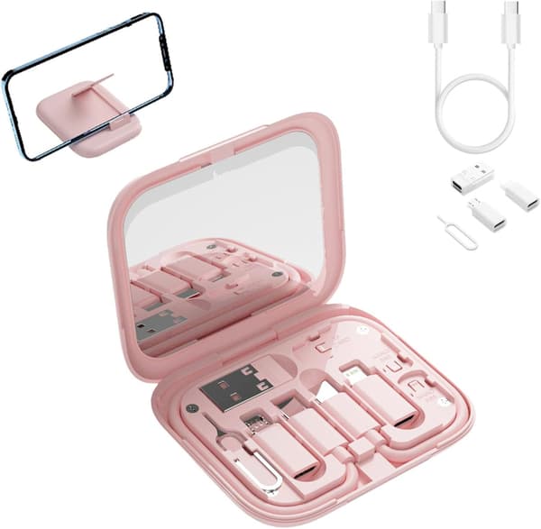 9-i-1-kabelveske, USB-adapter, multiladekabelveske, USB-adapter, multiladeveske med flere kontakter og SIM-kortholder, rosa