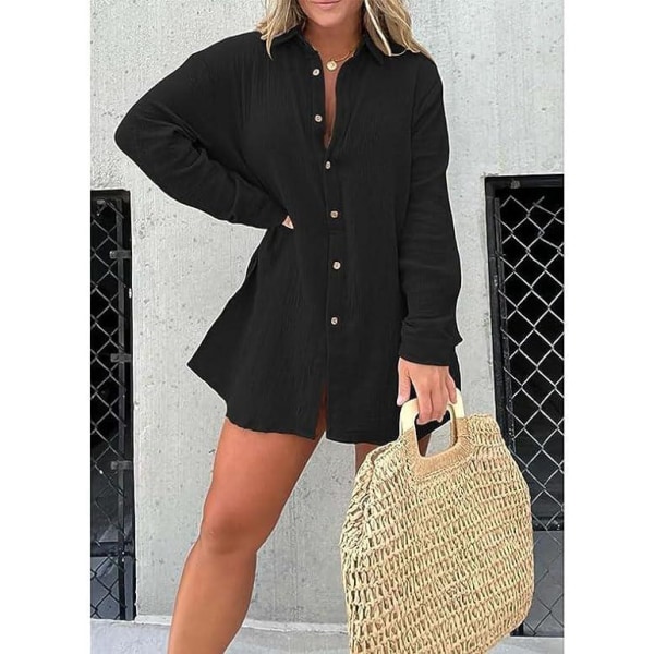 Rosa Laura Romper Kjole, Barcelona Breeze Romper Kjole Sett, Sateng Romper Kjole Lin Strand Cover Up 2 Delers Sett-2XL black 2XL