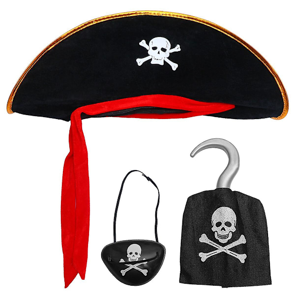 3 stk. Halloween Pirathat Sæt Piratkostume Tilbehørssæt (sort) Sort 40X40 CM