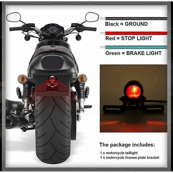 Motorcykel Baglygte Bremsestop Advarselslys Rød 12V med Sort Nummerpladeholder [DB]