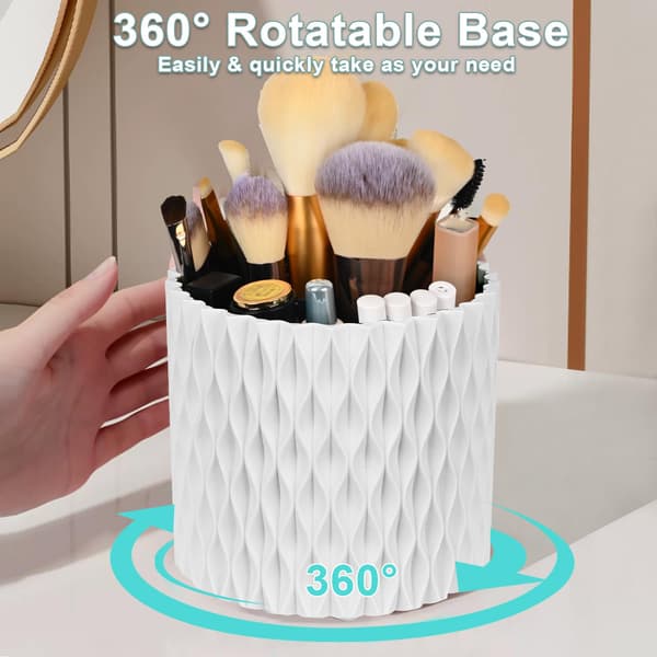 Makeup Organizer Brush Holder 360° Rotating Cosmetic Organizer Large Capacity Storage Box - White