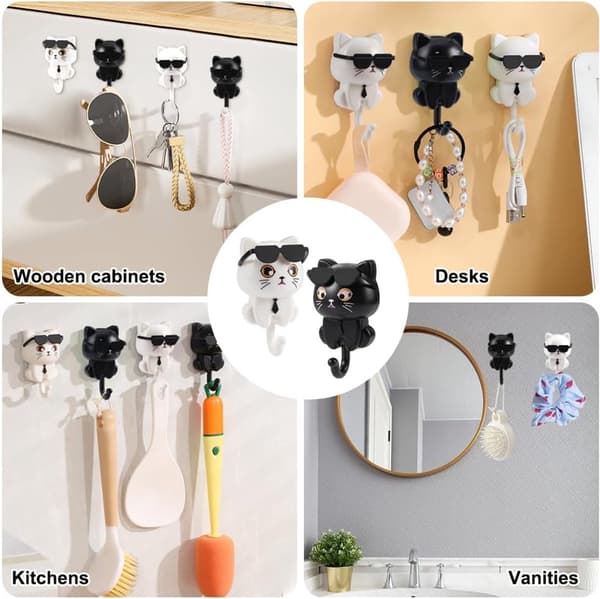 Sunglasses Cat Key Hooks - Self-Adhesive Coat Hooks - with Wall Mounted Key Holder - Hanging Cat Hook, Waterproof - Cat Key Holder for