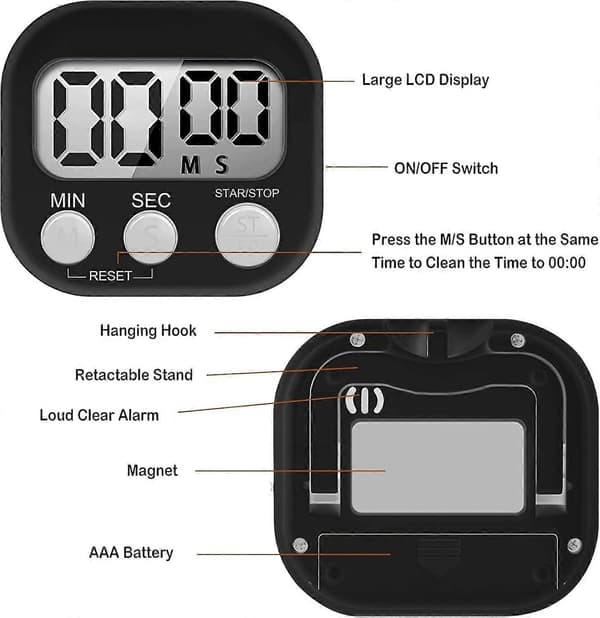 Magnetisk timer, digital timer med høyt alarm for barn, tidtaker med stativ for studier, arbeid, trening, matlaging