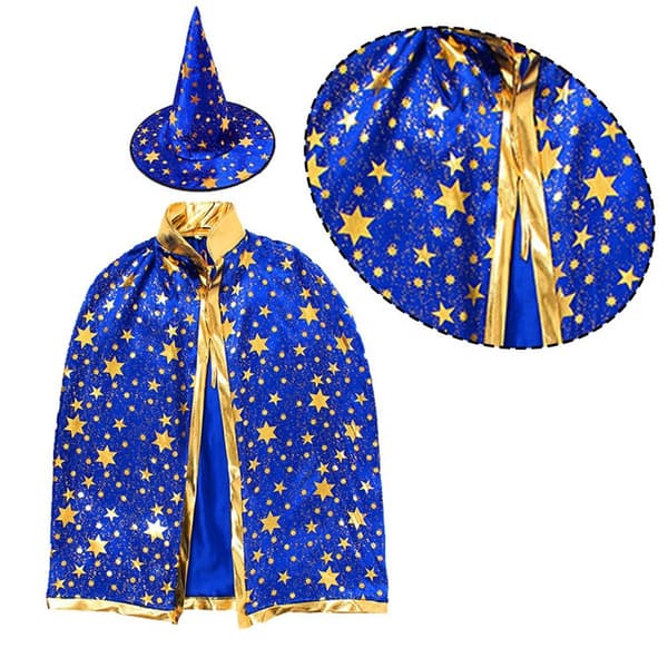 Wizard Cape with Hat, Halloween Costumes for Kids, Witch Cape for Blue