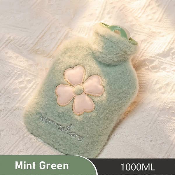 Varmvattenflaska Tecknad Plysch Portabel Mini 1000ML - Mintgrön