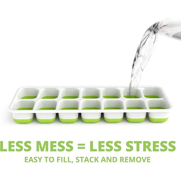 Ice Cube Tray - Set of 4 Molds - Soft Bottom for Easy Ice Cube Release - Save Space with Stackable Lids - Dishwasher Safe - BPA-Free Silicone