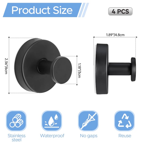 Black Suction Cup Hooks (No Drilling), Extra Strong Wall Hooks for Bathroom, Kitchen, and Smooth Windows.
