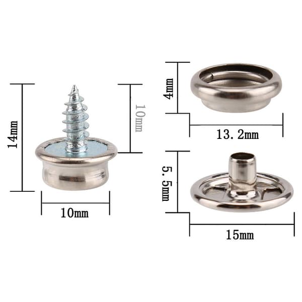 50 stk. rustfri trykknapper af maritim kvalitet (10 mm) med 2 værktøjer - Kompatible med lærred, metalknapper, skruer