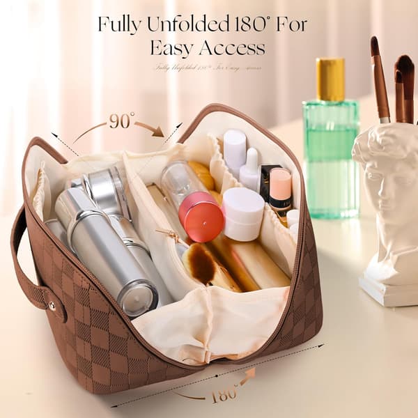 Women's Square PU Leather Makeup Bag - Large Brown Bag