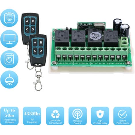 12V 4-Channel DC Controller - 4-Button 433MHz Remote Control - Momentary, Toggle, and Latching Modes - Up to 16 Connected Devices - AK-FS04A