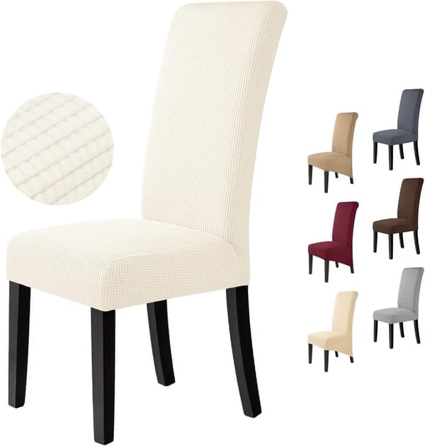 6-pack Jacquard Stretch Chair Covers for Dining Room - Easy Care [JUN] Beige Beige