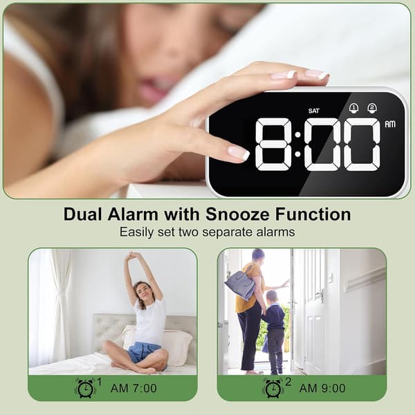 White LED Digital Alarm Clock with Snooze Function, 2 Alarms, Mi
