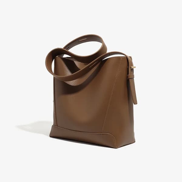 Brown Soft Smooth Leather Shoulder Bag with Large Capacity for Daily Commute, Shopping, and Leisure Use with Adjustable Side Drawstrings