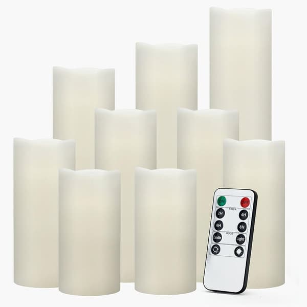 Battery-operated Flameless Candle Set with 9 Real Wax Pillars, Decorative LED Candles with Remote Control and Timer