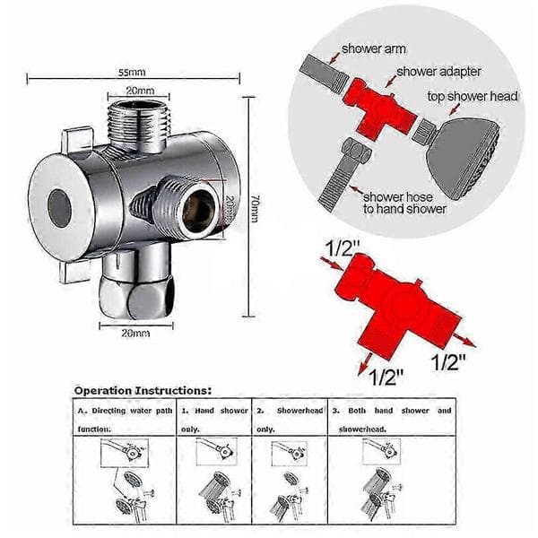 1/2 tommer omskifterventil til badekar brusehovedarm - 3-vejs T-adapter monteret