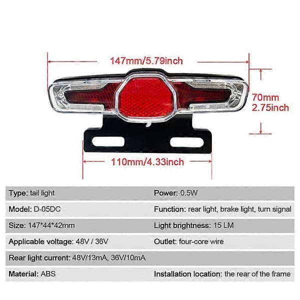 Elcykel 36V 48V Forlygte Baglygte Bageste Advarselslys LED Natforlygte