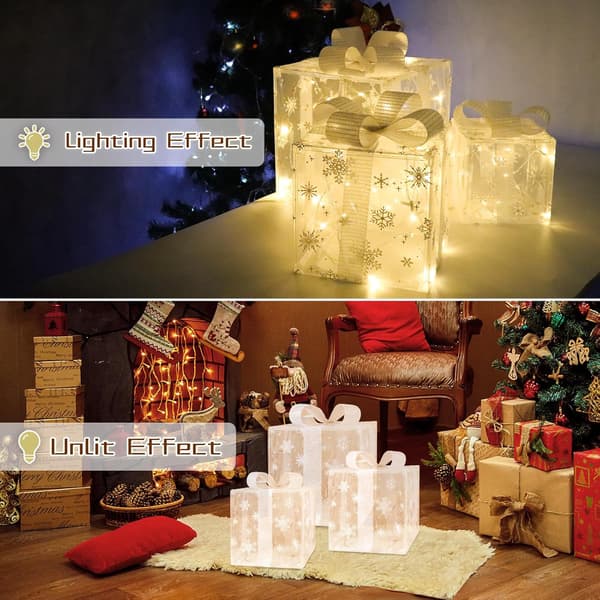 Set med 3 julbelysta presentaskar LED-belysning Julpresentprydnader för utomhus inomhus julgran, varmvit