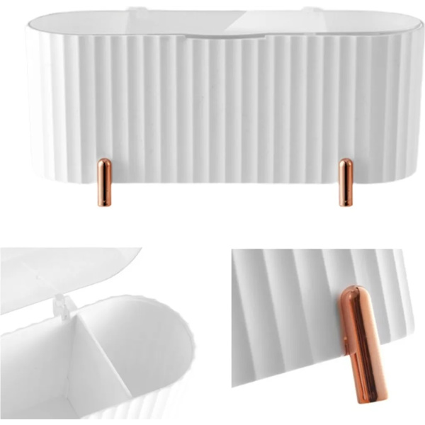 White 3-Compartment Cosmetic Storage Box with Dustproof Lid for Makeup